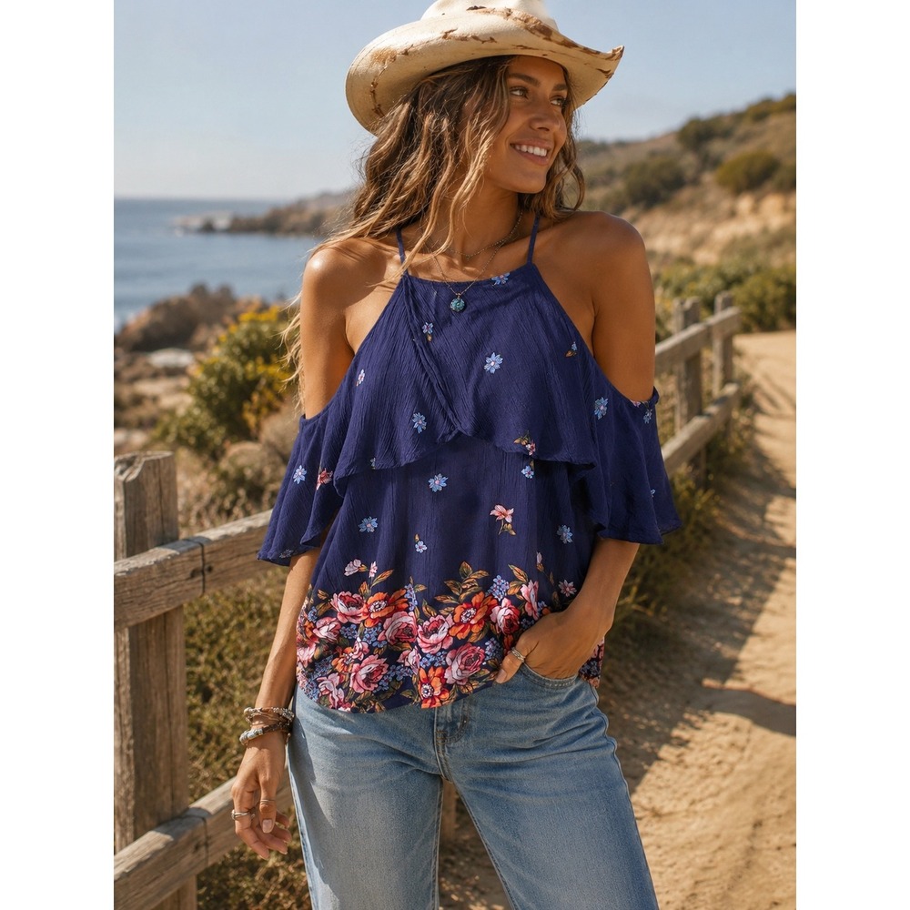 Blue Rain Flirty Navy Floral Cold Shoulder Ruffle Top Blouse Med Coastal Cottage